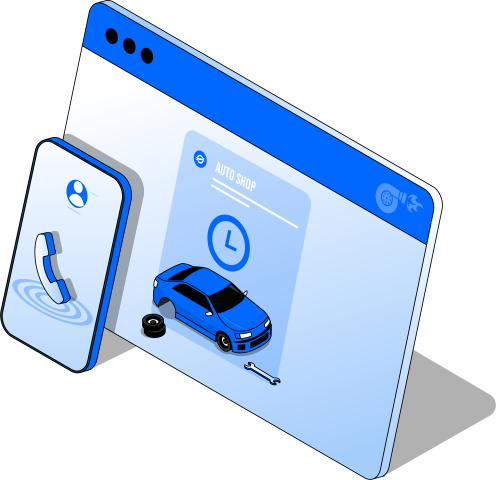 An isometric illustration of a phone and a tablet with a car on the screen.