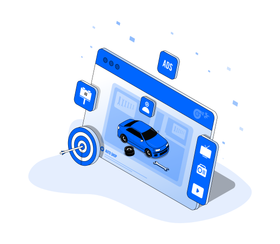 Auto shop ad with target and media icons, representing automated programmatic advertising across channels.
