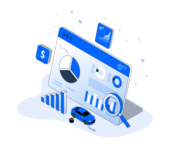 An isometric illustration of a website with a magnifying glass and a car.
