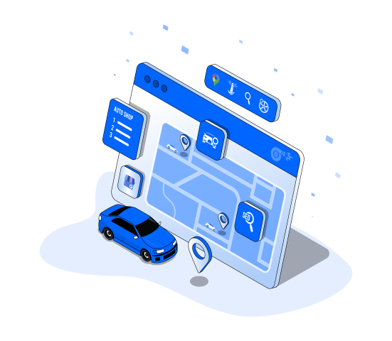 Auto shop with location map, pins, and SEO icon, symbolizing local SEO and map visibility.