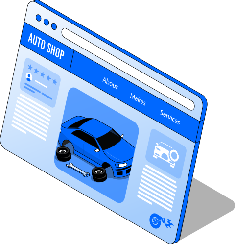 An isometric illustration of an auto shop landing page.