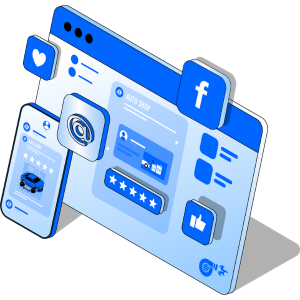Auto shop reviews on desktop and mobile screens with email and social icons, representing digital reputation management.