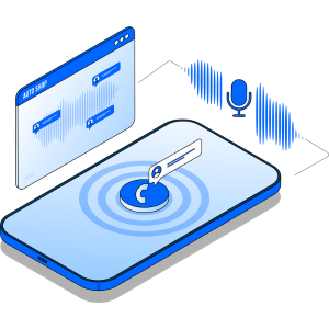 An isometric illustration of a smart phone with a microphone on it.