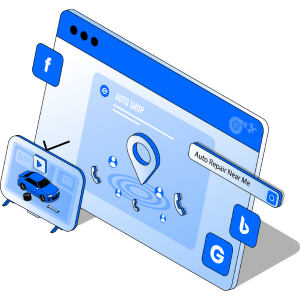 An isometric illustration of an auto repair near me search bar with icons for Facebook, Bing, and Google.
