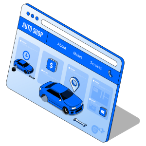 An isometric illustration of an auto shop website.