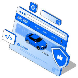 An isometric illustration of an auto shop website.