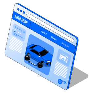 An isometric illustration of an auto shop website.