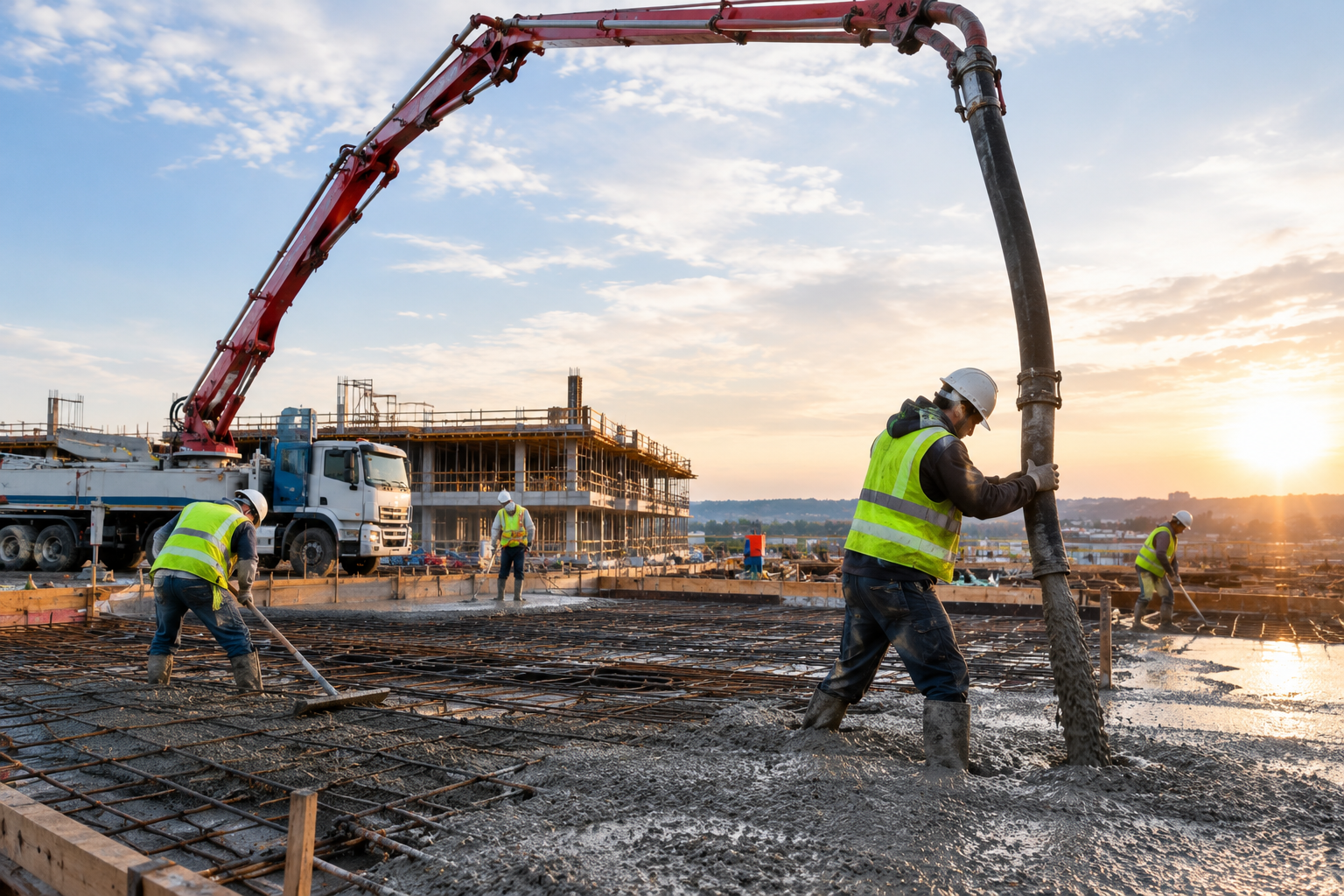 Construction workers pumping concrete at a building site at sunset