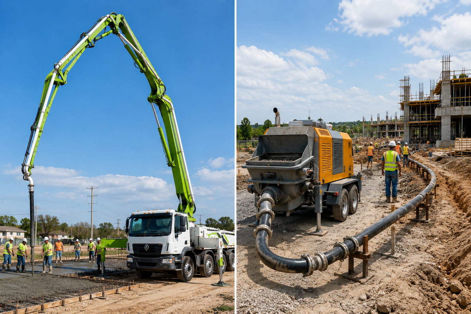 Concrete pump truck pouring concrete at a construction site with workers nearby