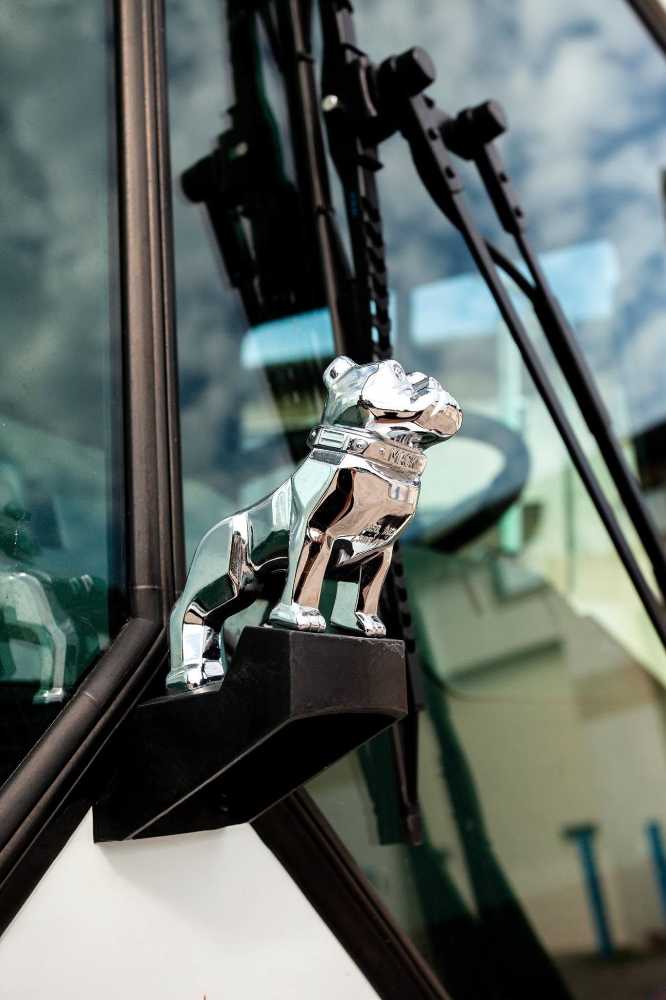 Small silver horse figurine on a black mount, reflected in a glass door.