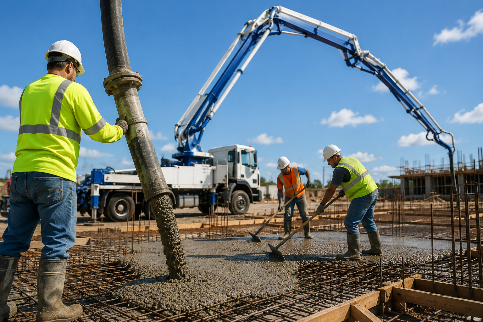 Construction workers pouring concrete with a blue boom pump at a building site