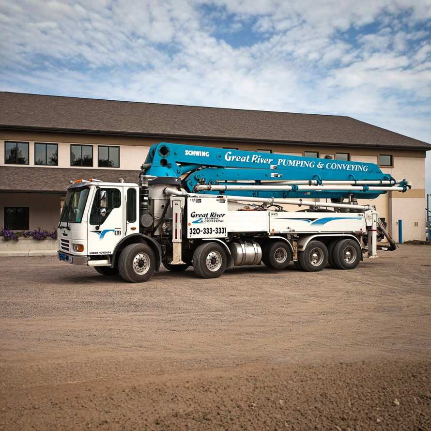 White concrete pump truck parked outside a building, with a blue boom and company logo visible.