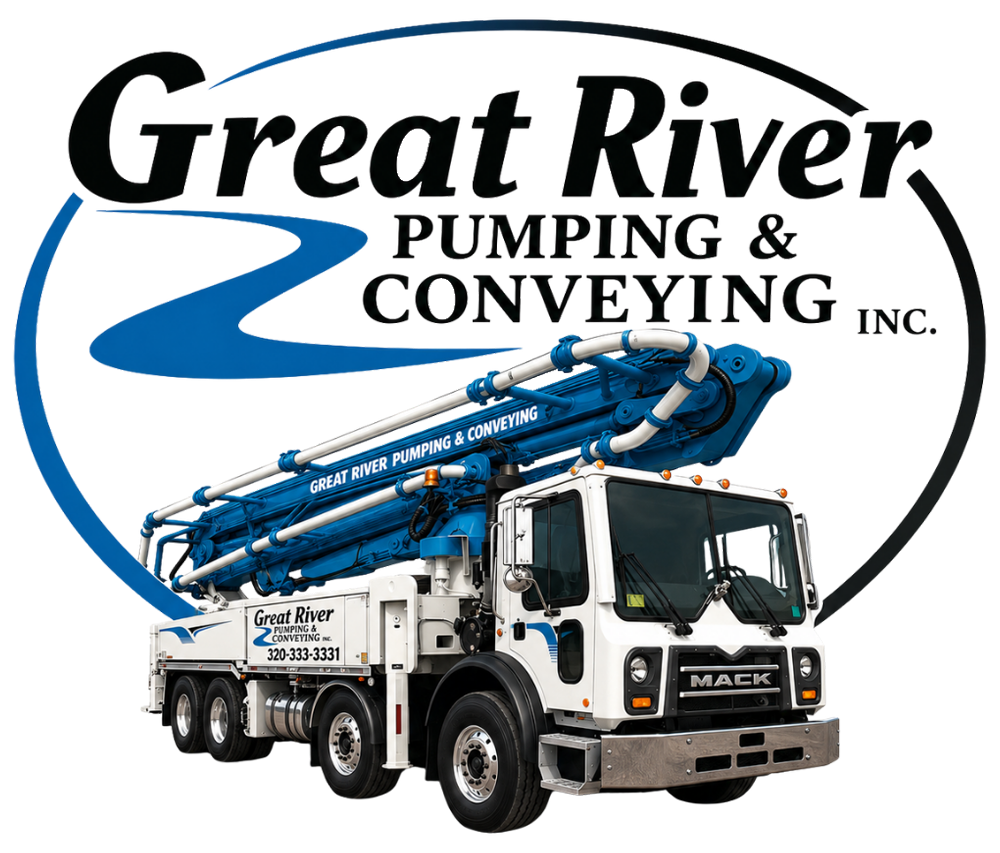 Great River Pumping & Conveying logo with blue concrete pump truck and white cab on an oval background