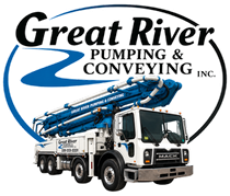 Great River Pumping & Conveying logo with a blue concrete pump truck on a white oval background