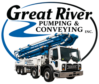 Great River Pumping & Conveying logo with blue concrete pump truck and white cab on an oval background