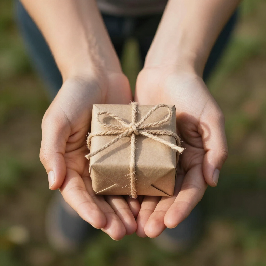 Hands holding a small wrapped gift box tied with twine outdoors