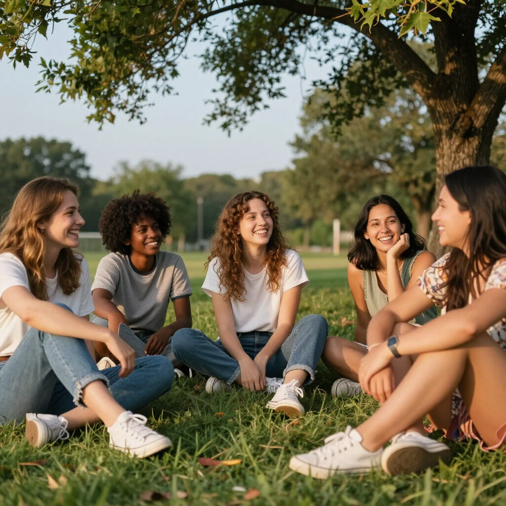 Group of friends sitting on grass under a tree, chatting and smiling in a park