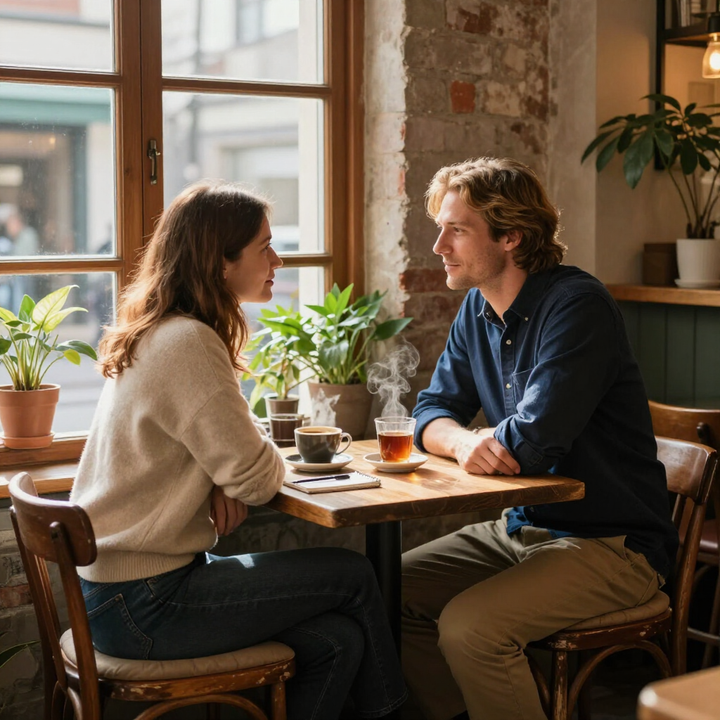 Two people talking at a café table by a window, with coffee cups and potted plants nearby.