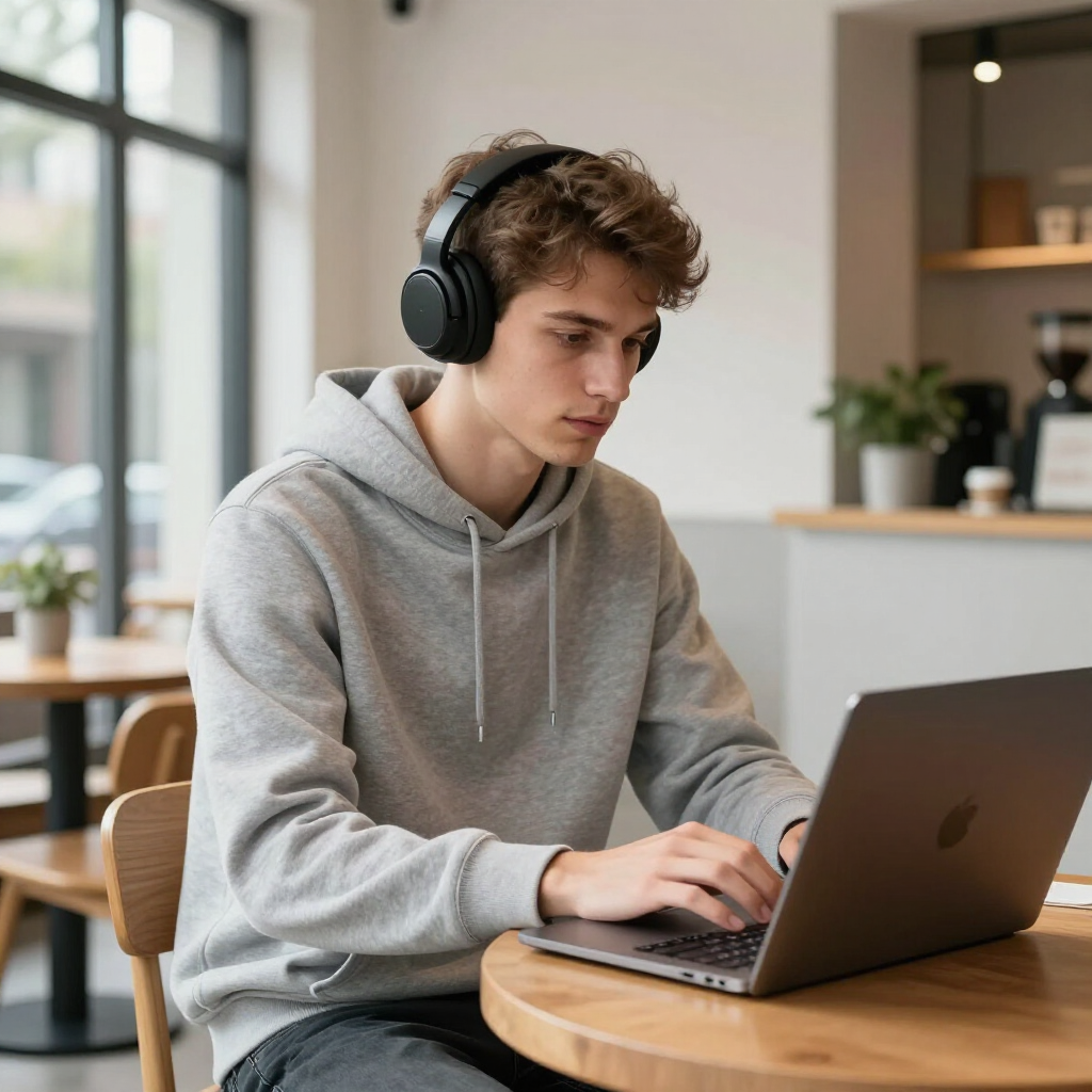 Person wearing headphones working on a laptop at a wooden table in a bright home interior
