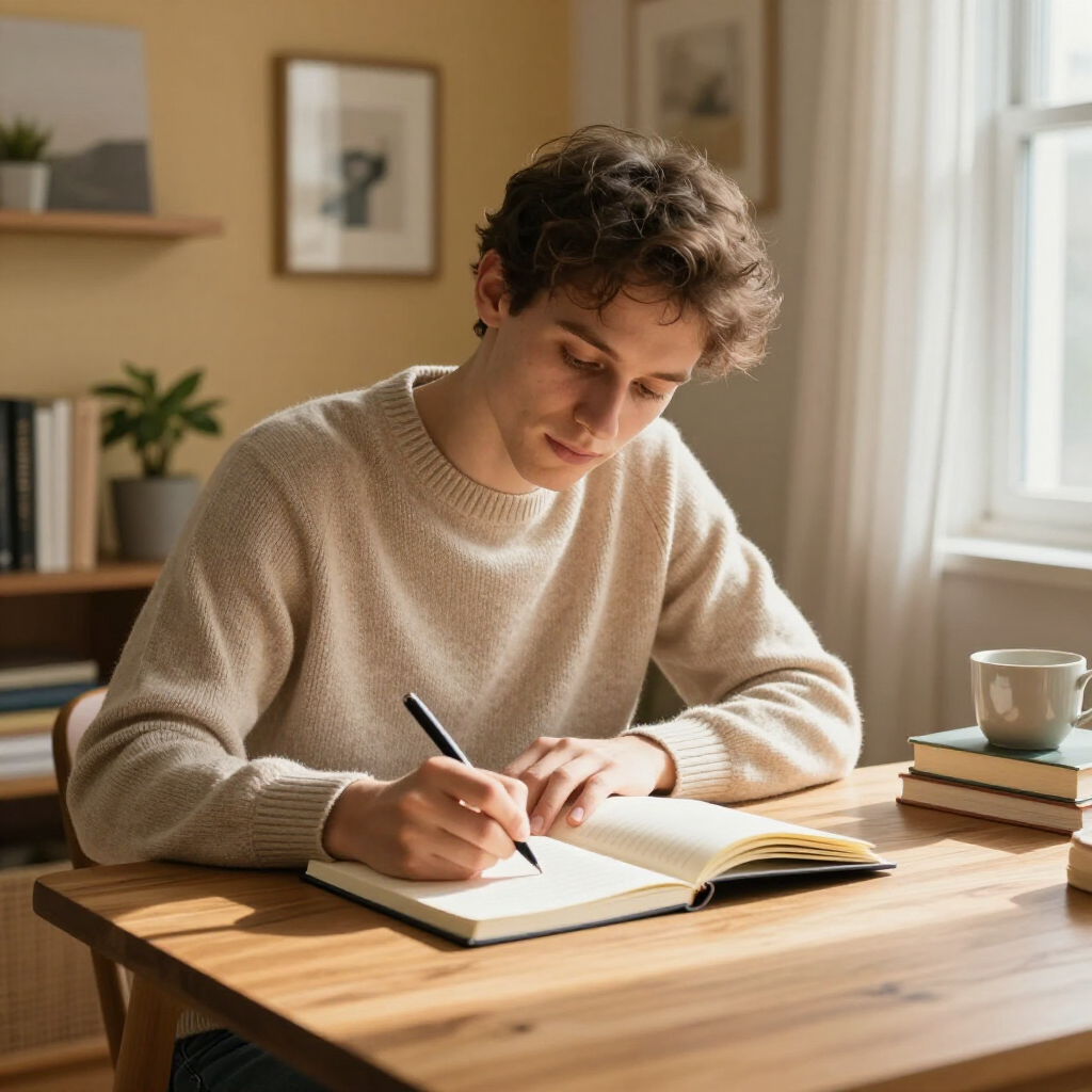 Person writing in a notebook at a sunlit wooden desk beside a window, with books and a mug nearby