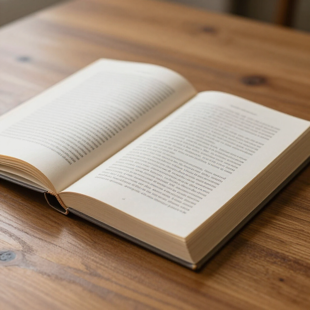 Open book on a wooden table with pages spread wide