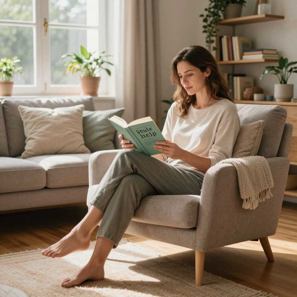 Woman reading a book on a cozy sofa in a sunlit living room with plants and neutral decor