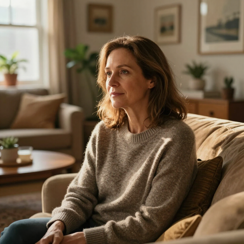Woman sitting on a beige sofa in a cozy living room, looking thoughtful with warm light and plants nearby
