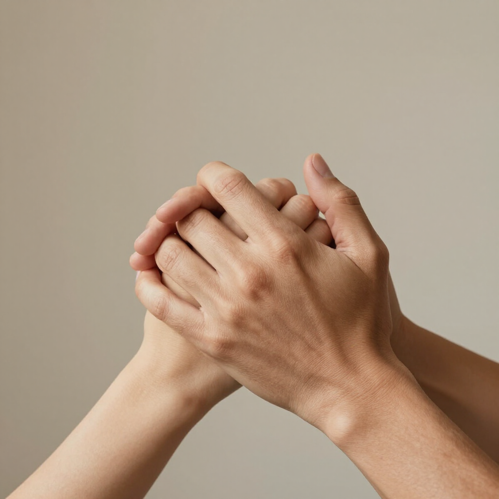Two hands clasped together against a plain beige background.