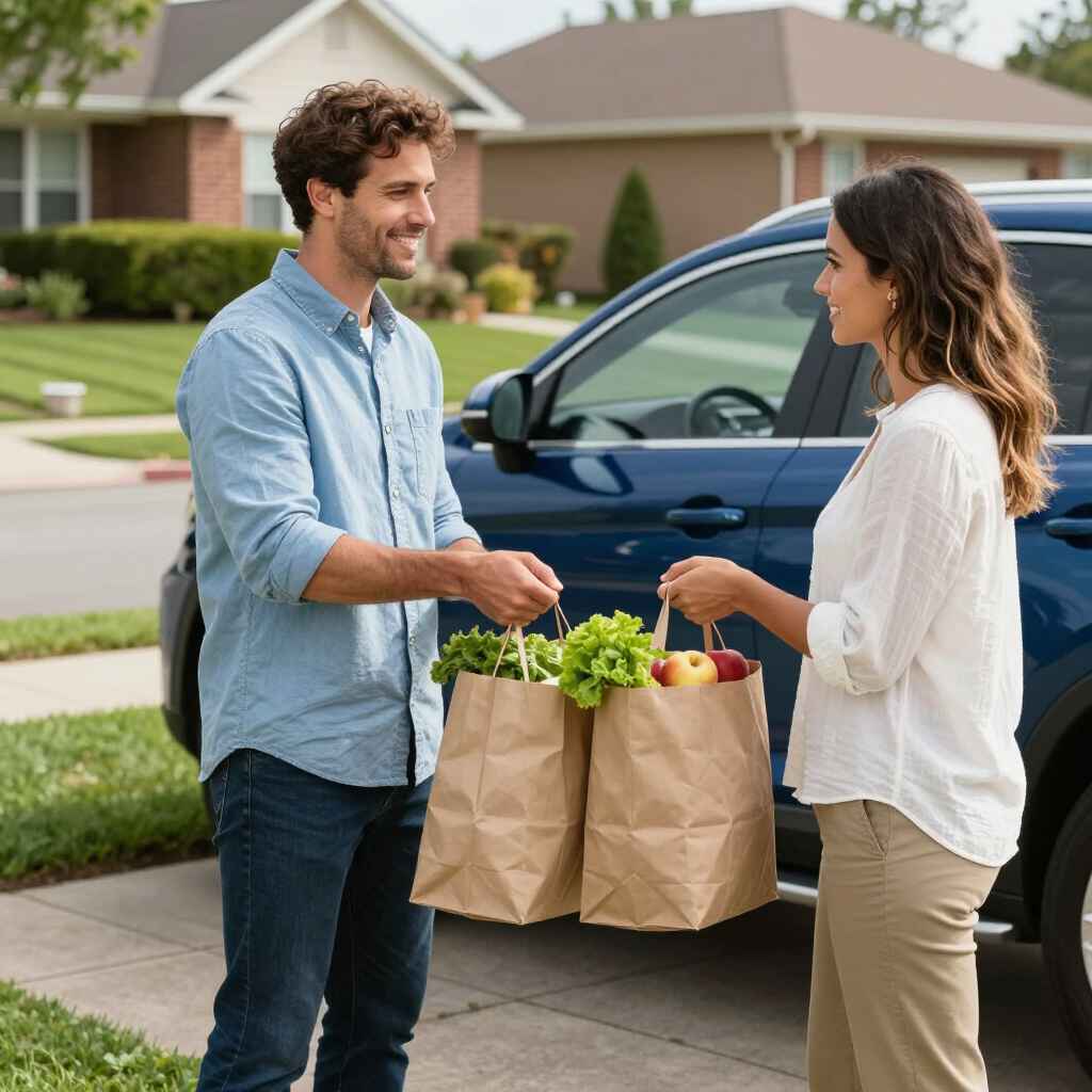 Two people exchanging grocery bags beside a parked blue car in a suburban driveway