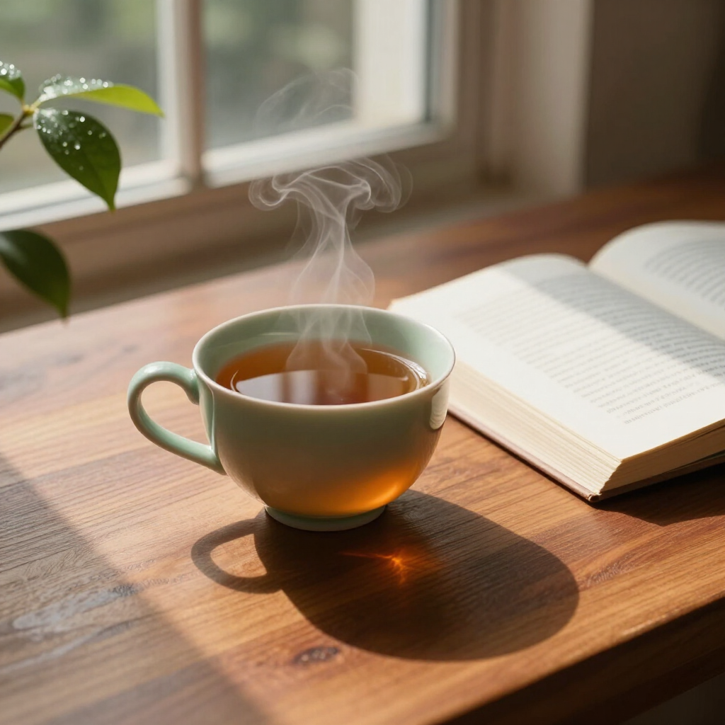 Steaming teacup on a sunlit wooden table beside an open book near a window