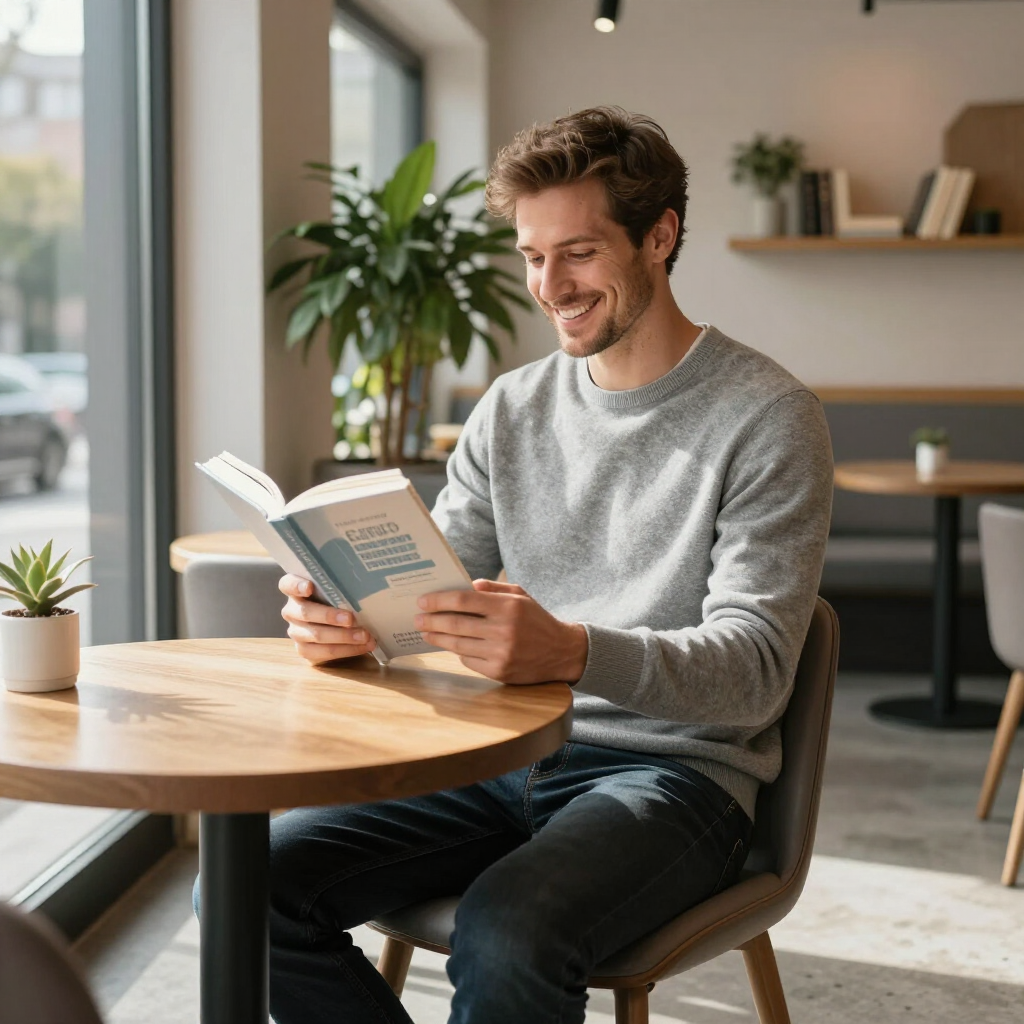 Man smiling while reading a book at a café table by a window