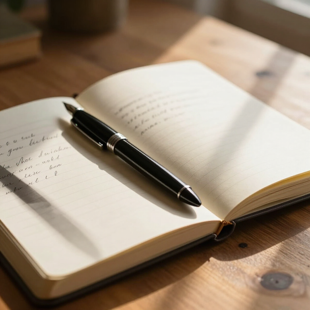 Open notebook on a wooden table with a black pen resting across the pages