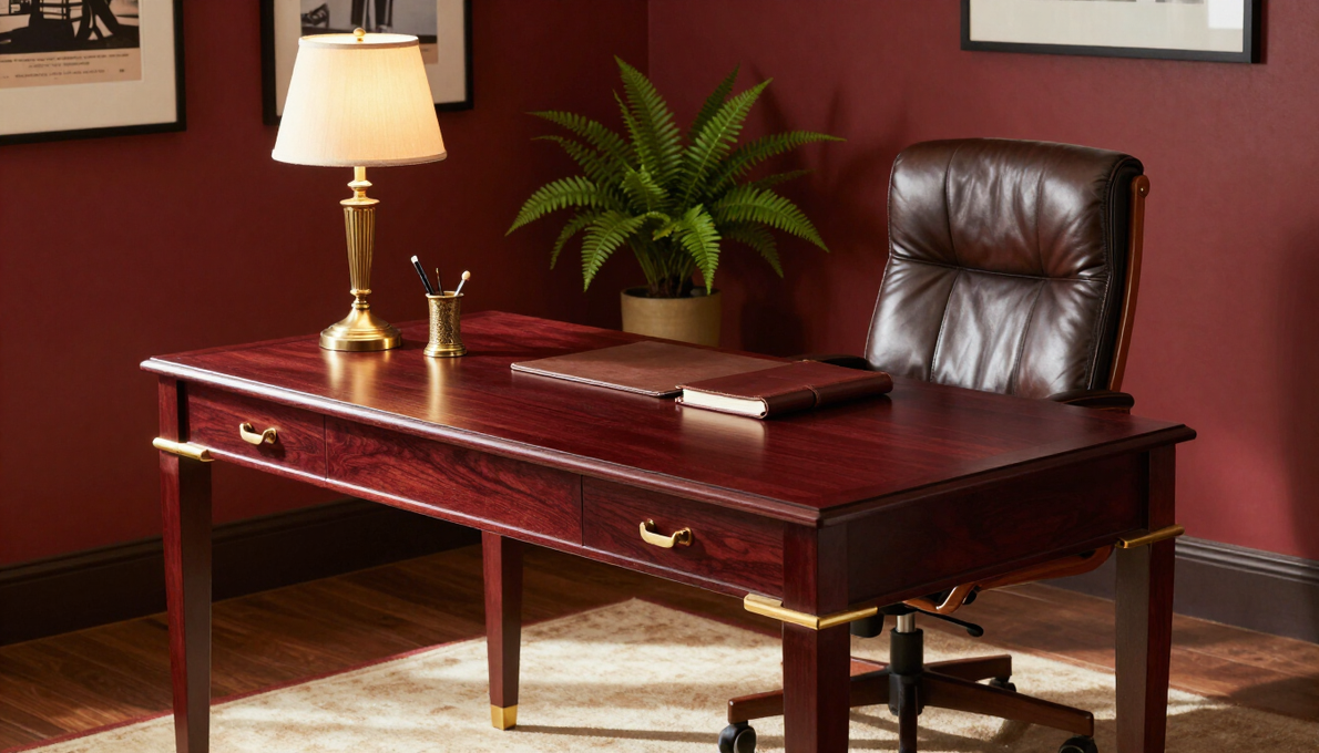 Dark wood office desk with brass lamp, potted plant, and leather chair in a formal room