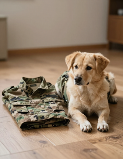 Small rescue dog beside a folded military uniform jacket