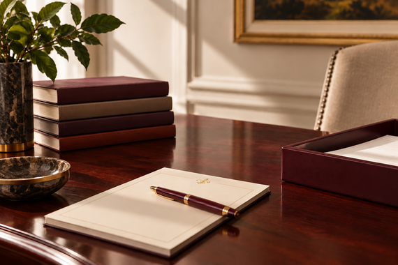 Desk with notebook and pen, stacked books, plant, and a box in a sunlit room