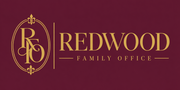 Gold and maroon Redwood Family Office logo with monogram and decorative emblem on a burgundy background