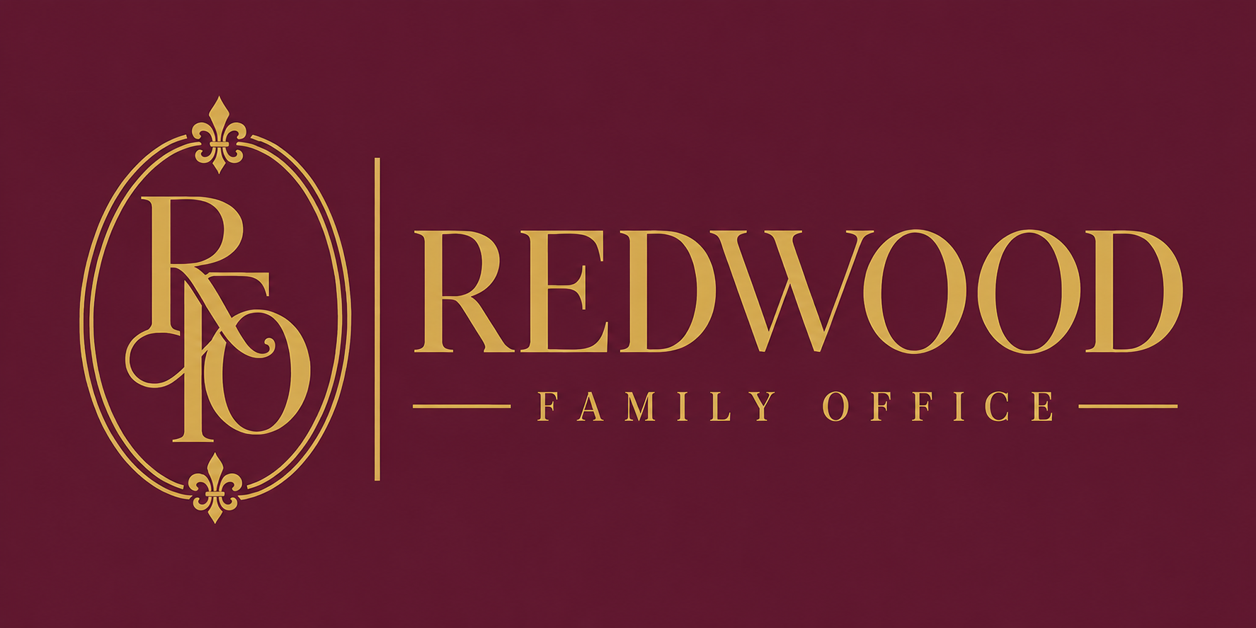 Gold and maroon Redwood Family Office logo with monogram and decorative emblem on a burgundy background
