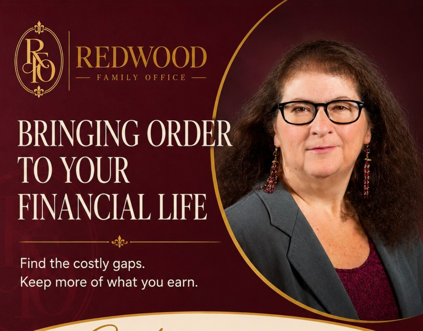 Redwood Financial Services ad with portrait and text: “Bringing order to your financial life.”