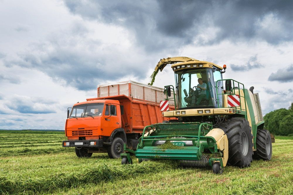A Tractor Is Loading Hay Into a Dump Truck in A Field — Parkes Machinery Services PTY LTD in Parkes, NSW