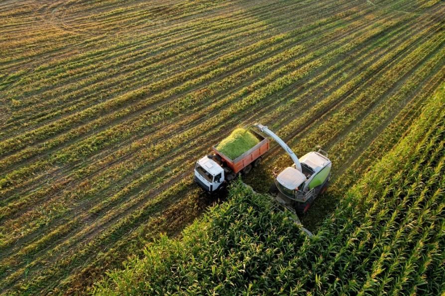 An Aerial View of A Combine Harvester Harvesting Corn in A Field — Parkes Machinery Services PTY LTD in Parkes, NSW