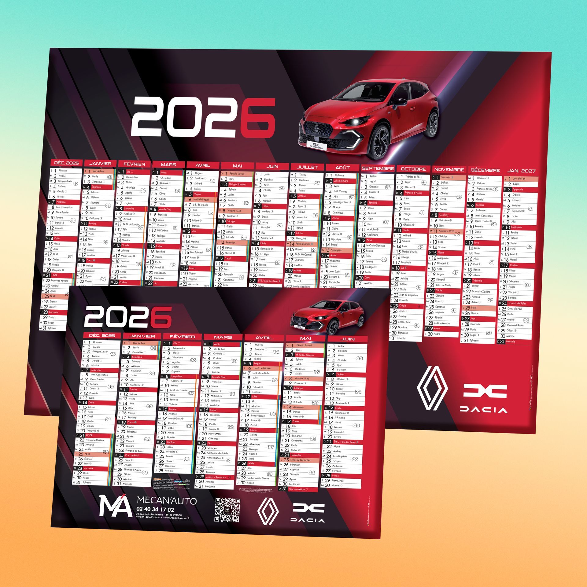 Deux calendriers 2025 mettant en scène une voiture jaune, de différentes tailles avec des motifs géométriques colorés.