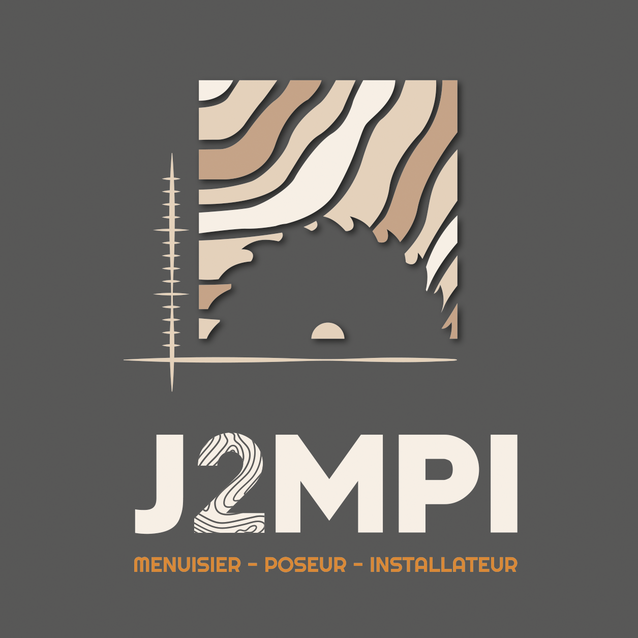 Logo de J2MPI, une entreprise de menuiserie. Il présente un carré stylisé en bois au-dessus d'une lame de scie