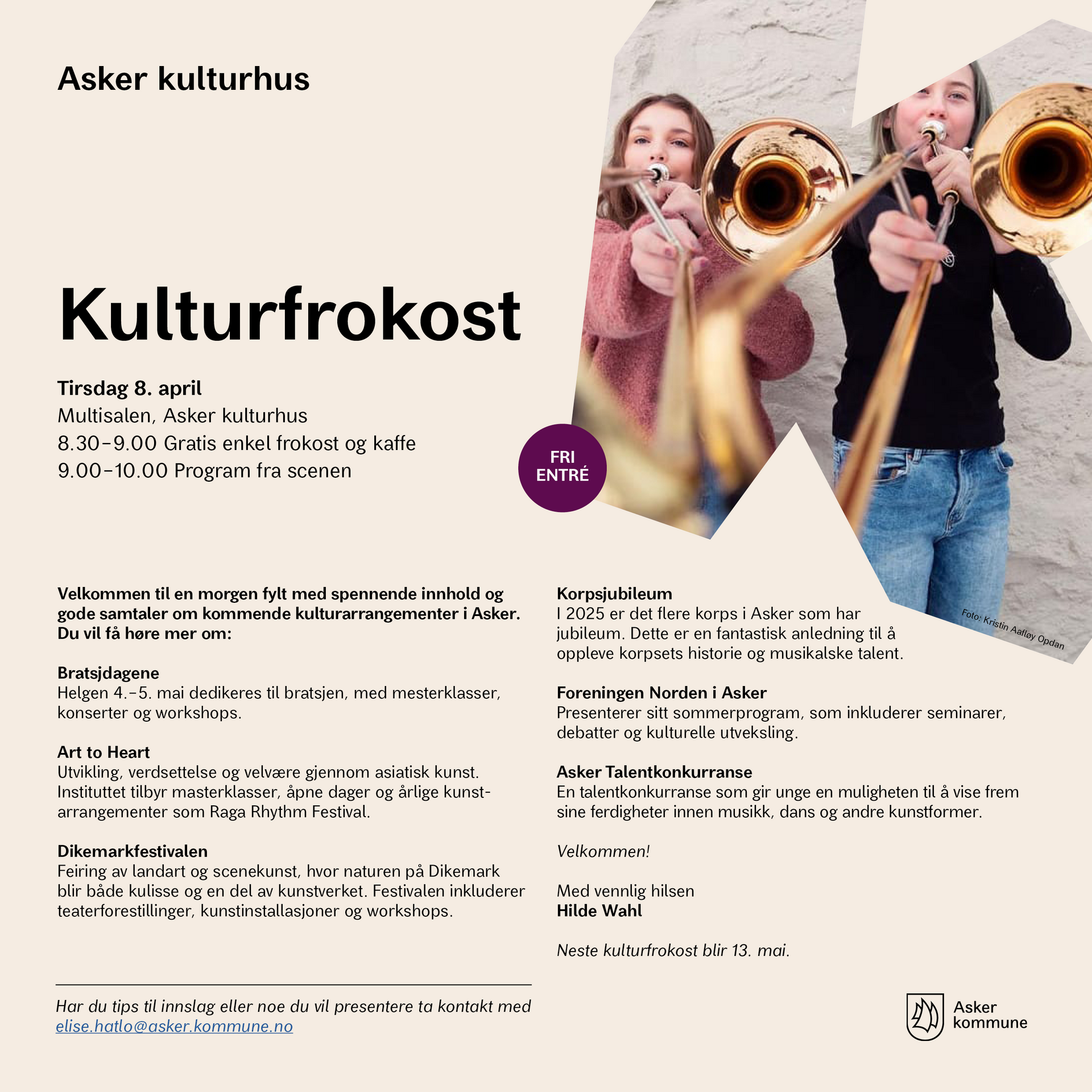 Plakat for «Kulturfrokost» på Asker kulturhus: to personer som spiller trombone, tekst på norsk.