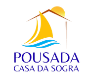 Logo com casa e palmeira, texto “POUSADA CASA DA SOGRA” em azul escuro.