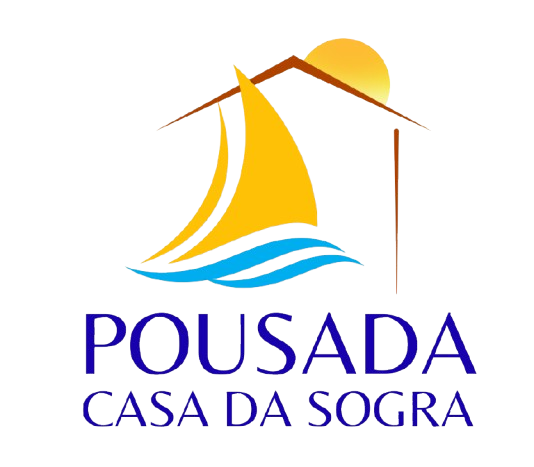 Logo com casa e palmeira, texto “POUSADA CASA DA SOGRA” em azul escuro.