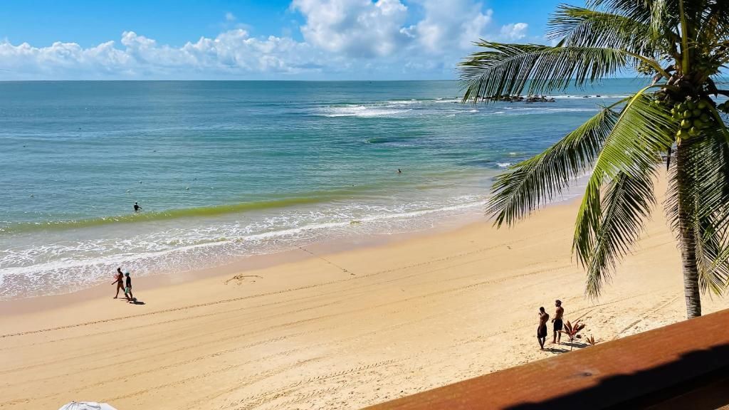 Praia ensolarada com mar azul calmo, algumas pessoas caminhando na areia e folhas de palmeira emoldurando a paisagem.