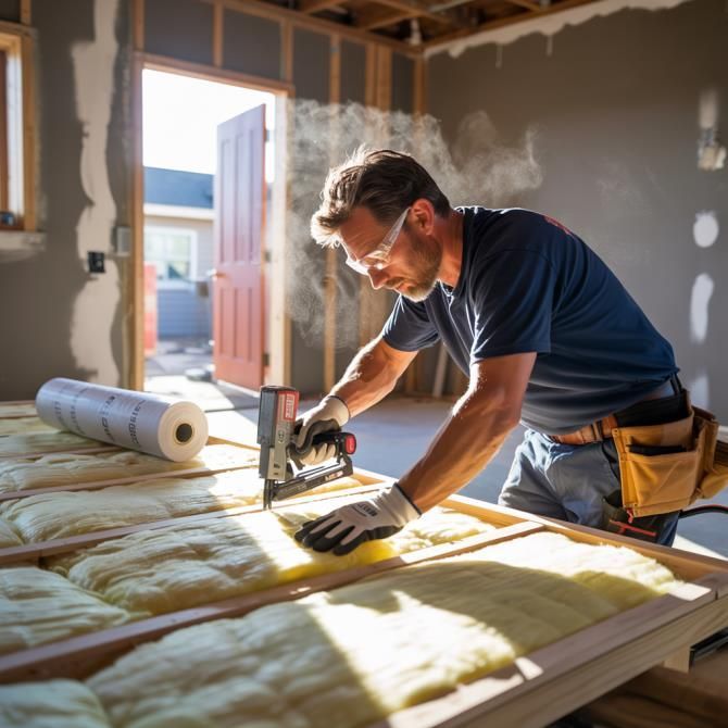 A man is insulating a wall in a house under construction.