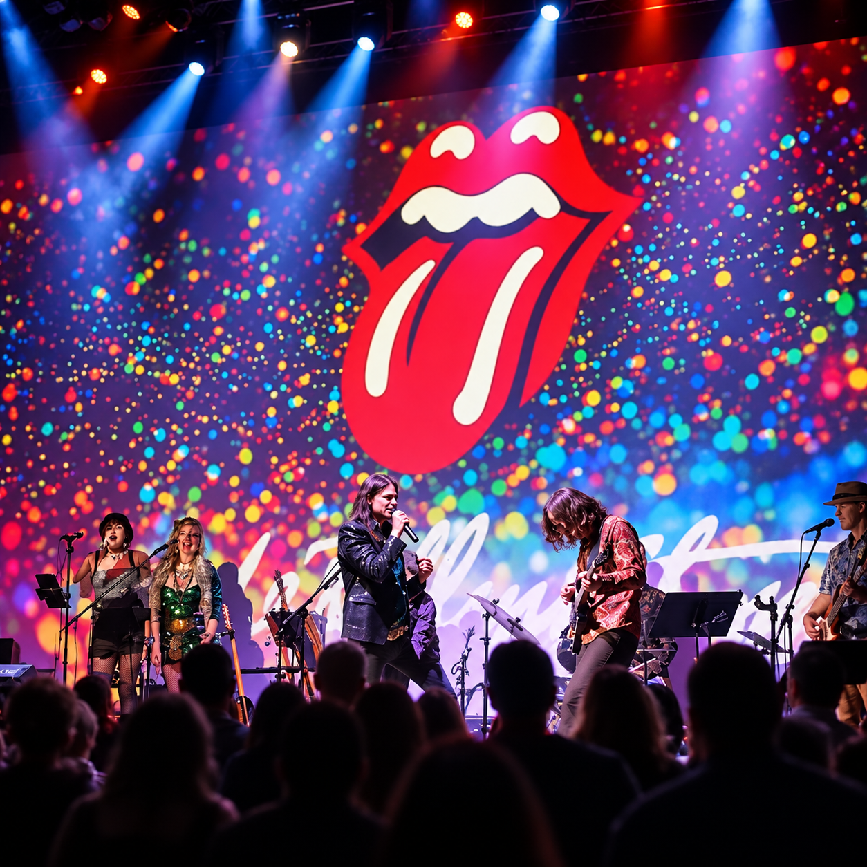 Rolling Stones tribute band performing under giant tongue logo with colorful lights and cheering crowd