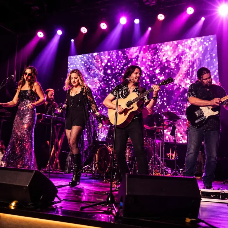 Four musicians perform on a purple-lit stage, with guitars, microphones, and sparkling backdrop.