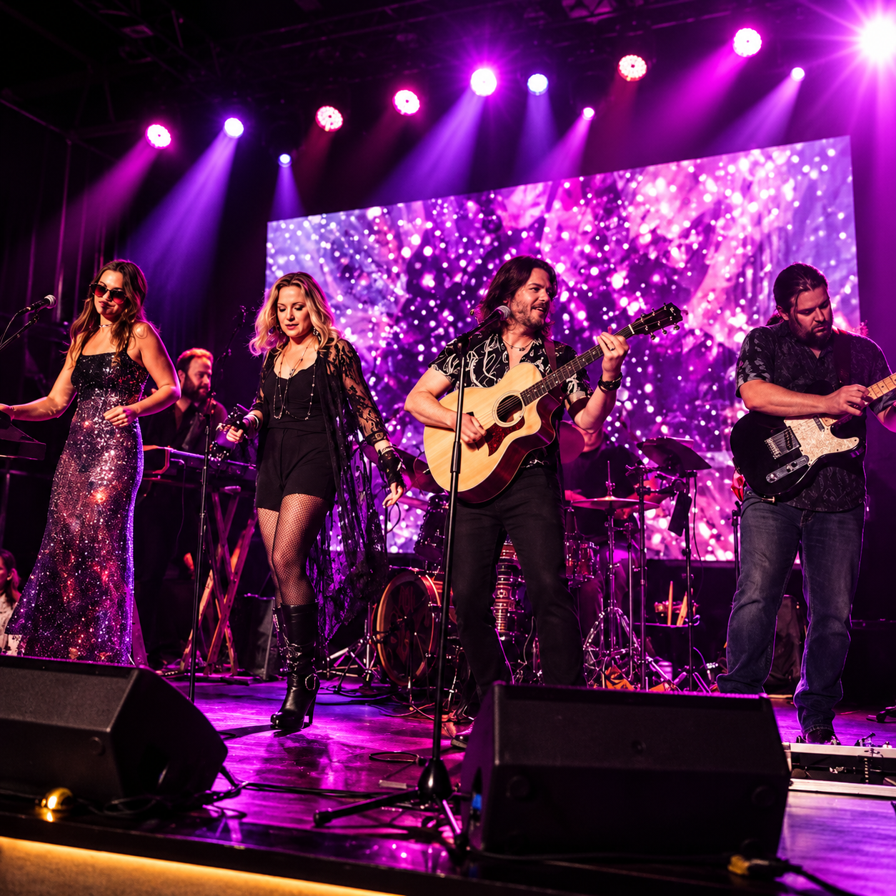 Four musicians perform on a purple-lit stage, with guitars, microphones, and sparkling backdrop.